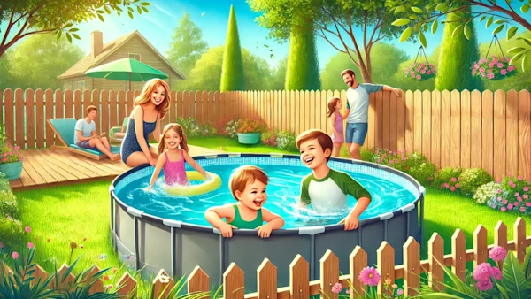 A family enjoying their above-ground pool in their fenced backyard on a bright, sunny day.