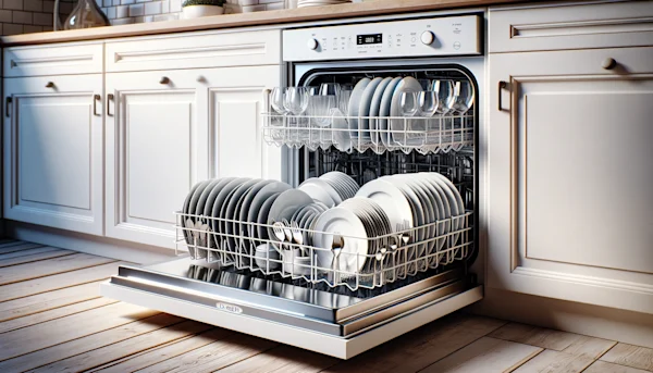 Photo of an open Kenmore dishwasher in white modern kitchen 
