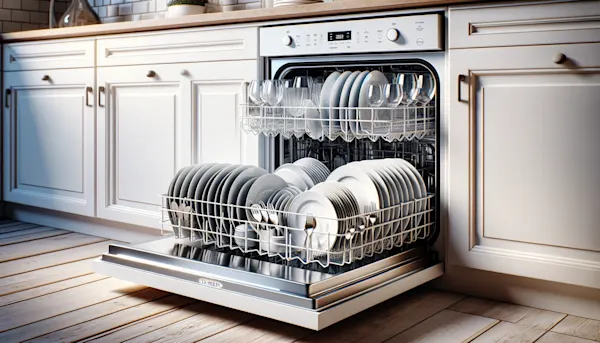 Photo of an open Kenmore dishwasher in white modern kitchen